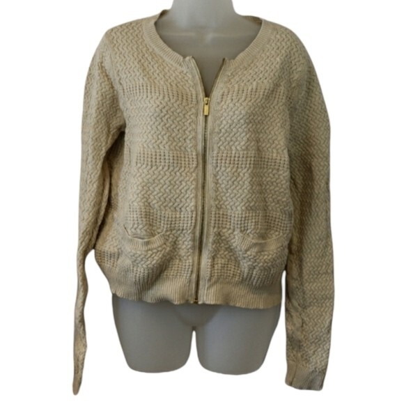 Banana Republic Full Zip Cream Textured Basket Weave Cardigan Sweater LG - Picture 1 of 11